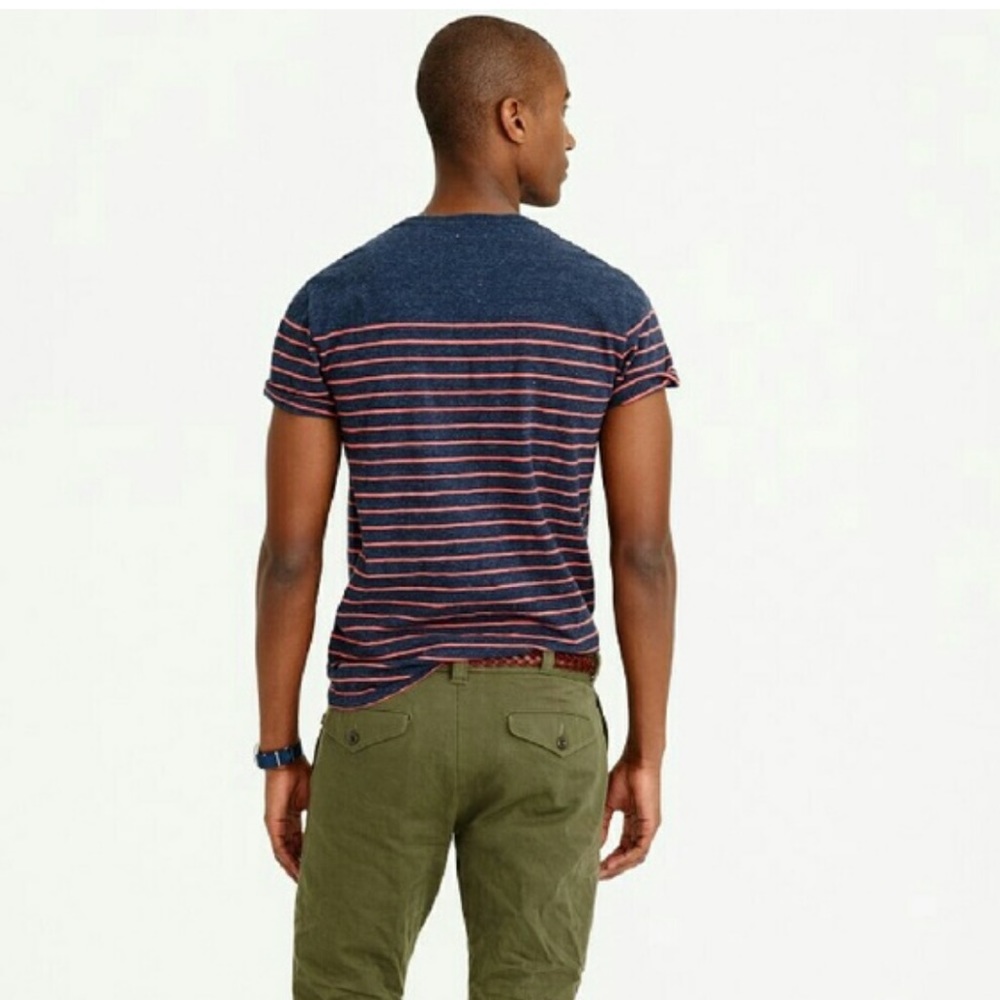J. Crew - Men’s Garment Dyed Short Sleeved Slub Pocket Tee in Navy & Red Stripe - Picture 2 of 7